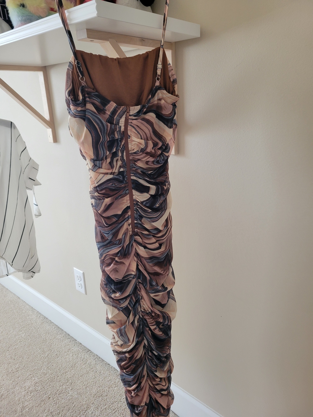 Ruched Marble-Print Spaghetti Strap Dress - Brown/Pink